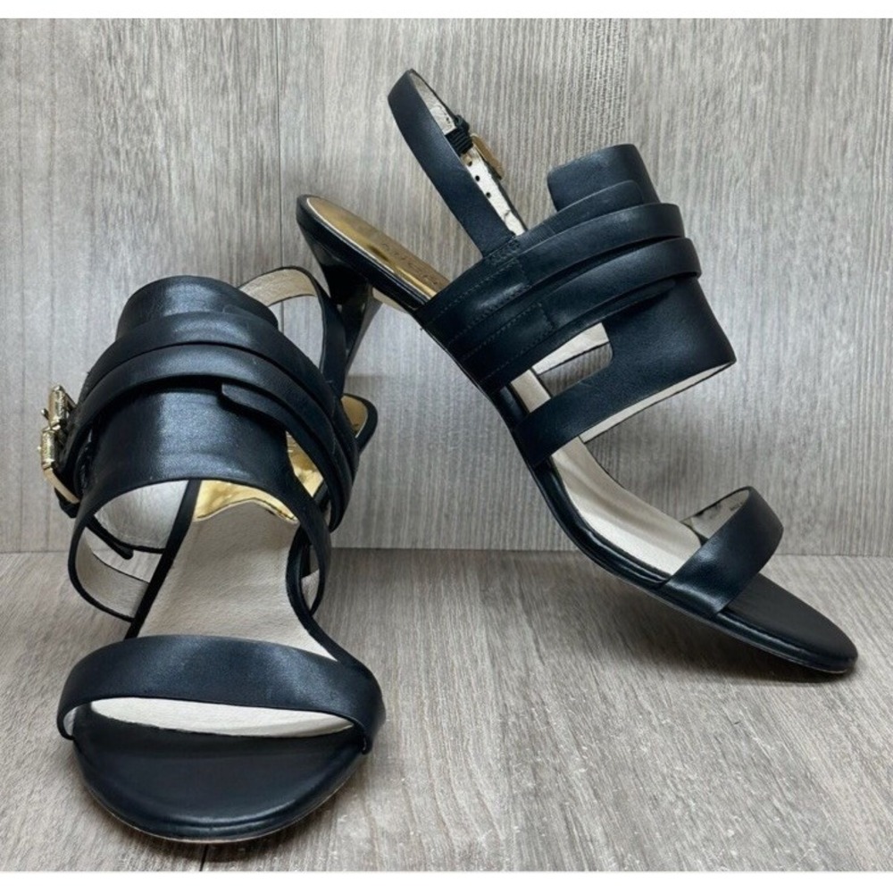 Michael Kors Sandals Sz 11 Melanie Gold Buckle Slingback Stiletto Leather Black - Picture 10 of 16